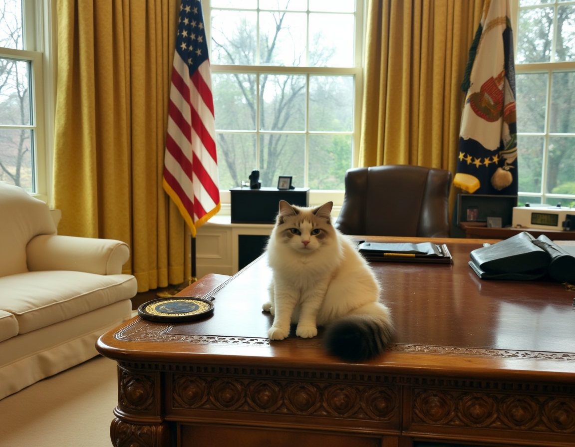 Cat perched on the Resolute Desk in the Oval Office, basking in the dignified atmosphere of the new administration.